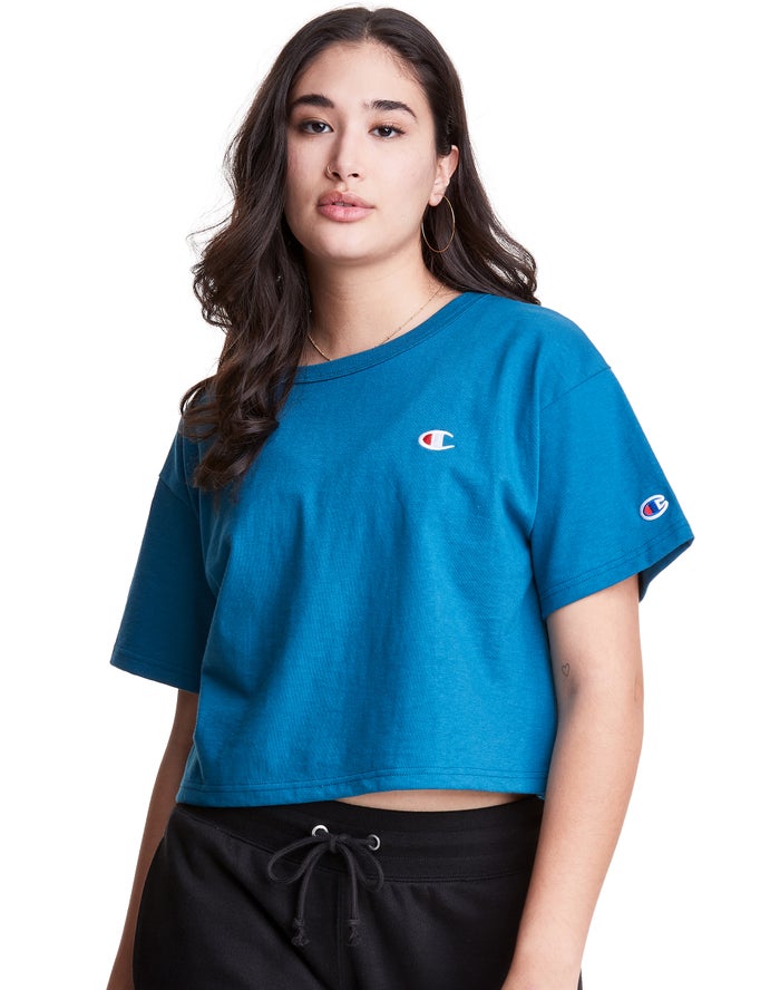 Champion Heritage Cropped C Logo - Naisten Sininen T-Paita - Suomi 7253809-LD